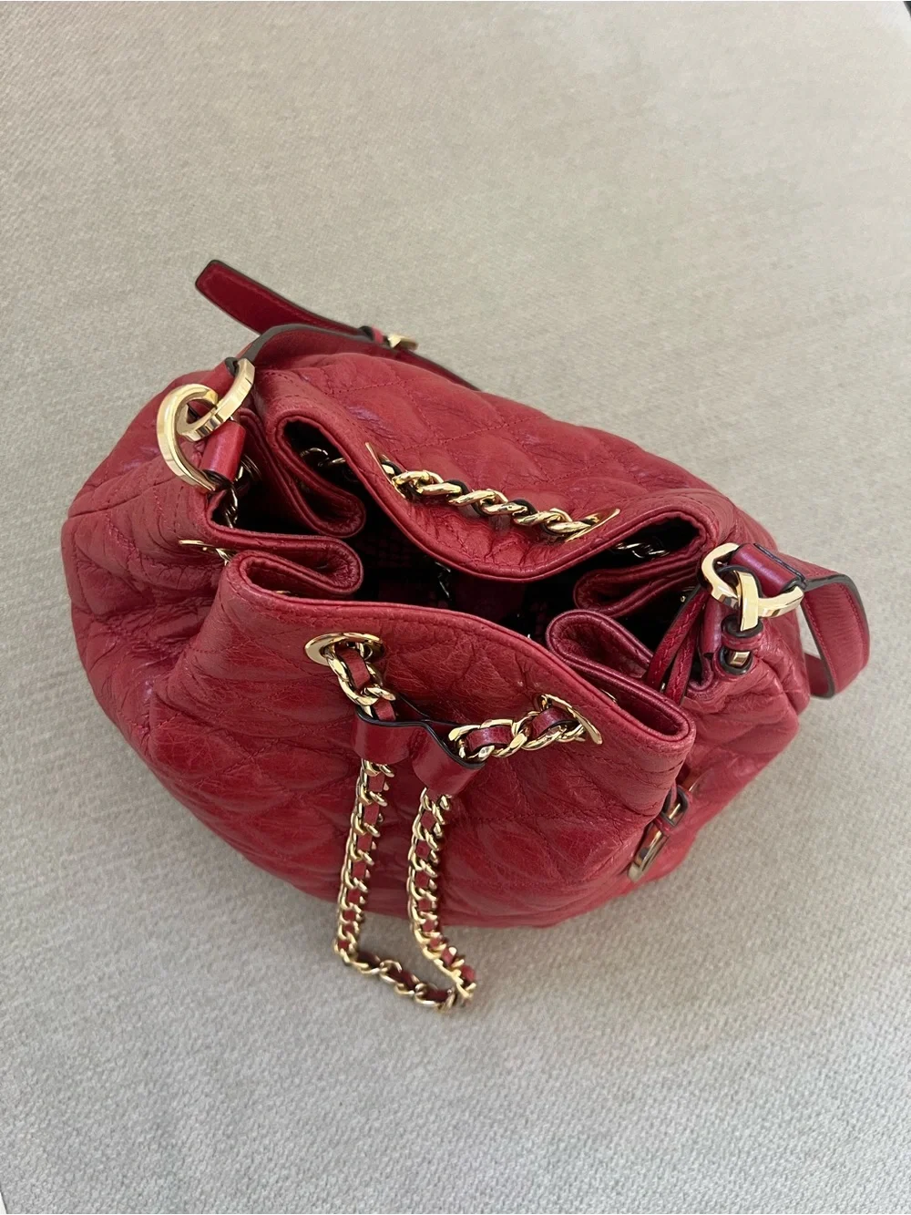 Michael Kors Quilted Red Leather Drawstring Hobo with Gold Chain